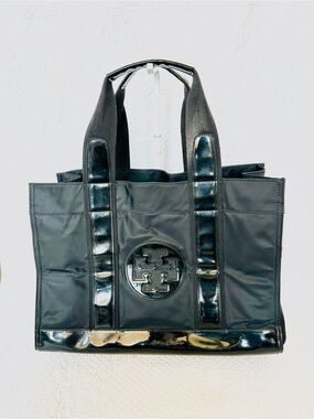 Tory Burch Black Nylon Tote with Patent Trim and Logo